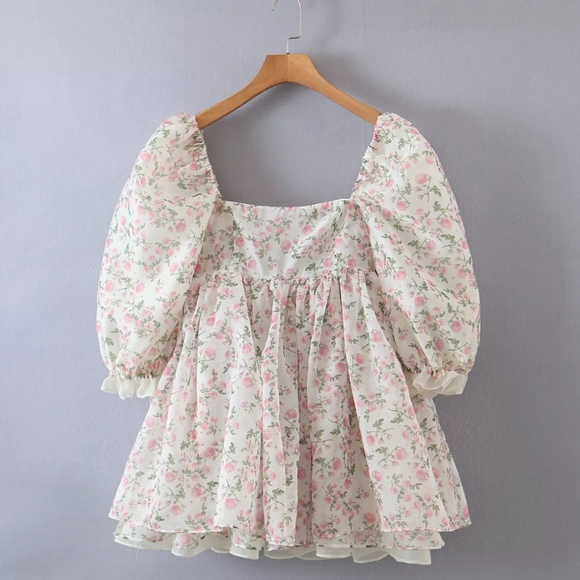 Reversible Floral Organza Babydoll Puff Dress - Picture 5 of 16